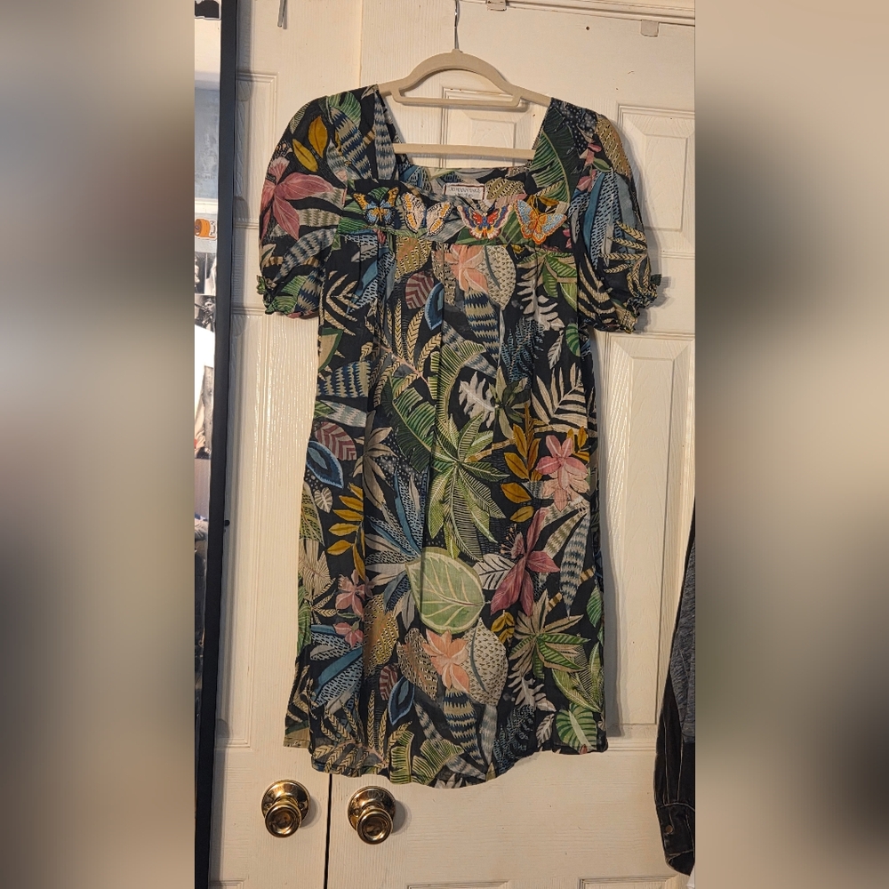 Johnny Was Workshop Tropical Puff Sleeve Tunic Dress in Green Multicolor XS